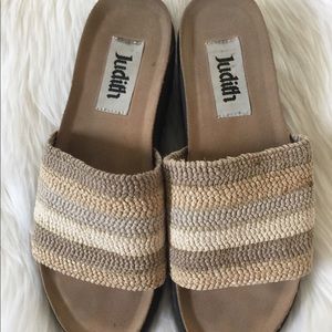 Judith Shades of Beige Fabric Wedge Slides-size 8M